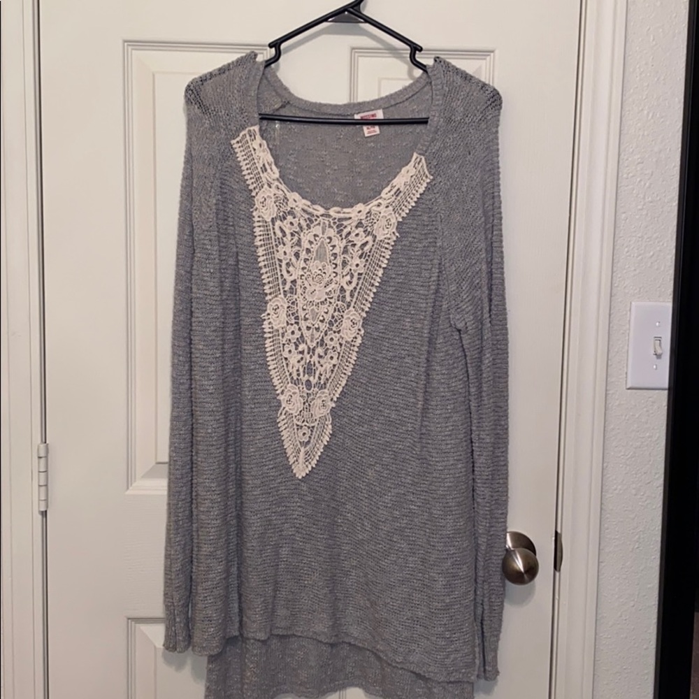 Gray Sweater with Lace Accent